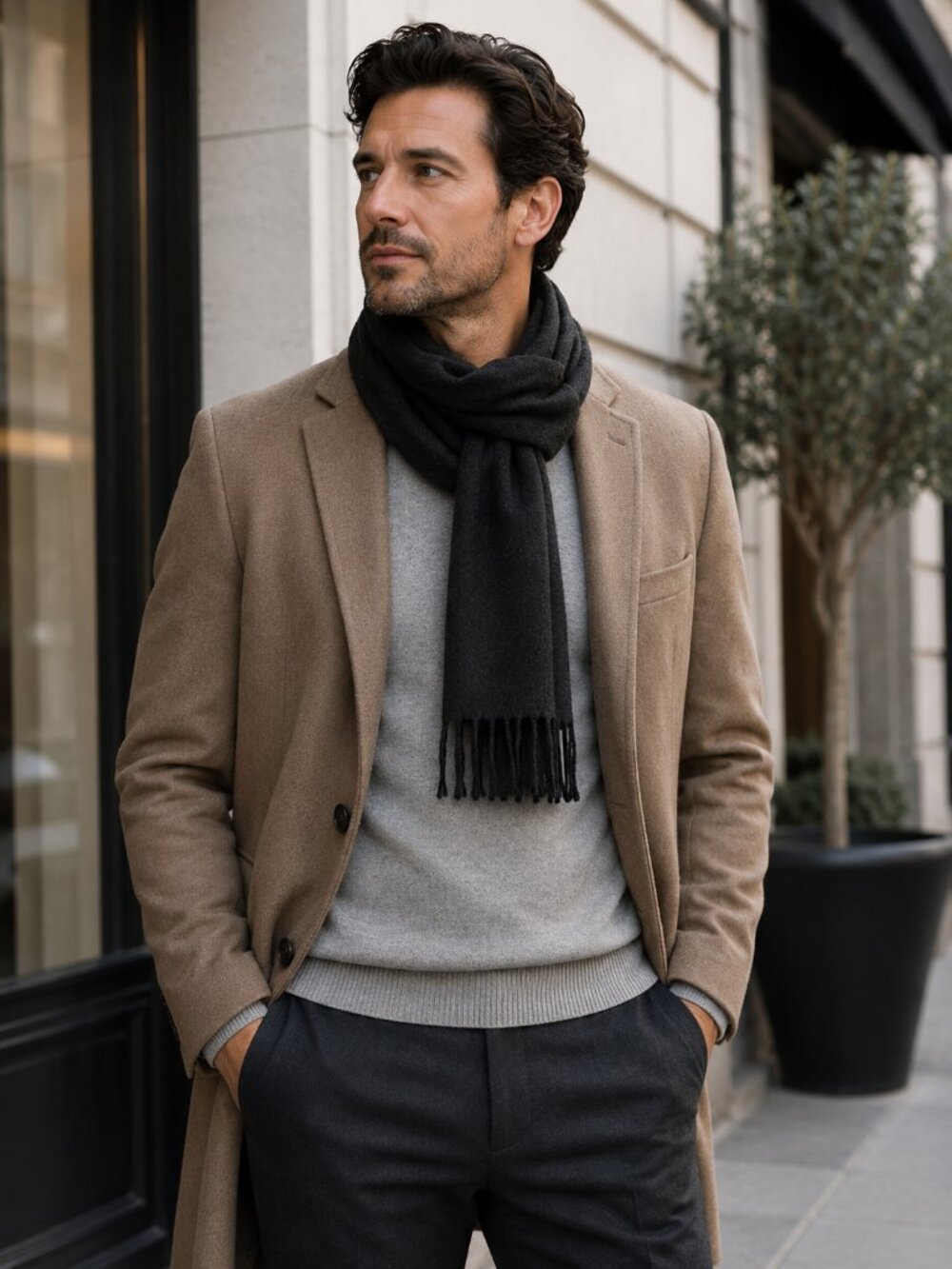 Amicale 100% Cashmere Charcoal Gray Lightweight Fringe Scarf Made in USA